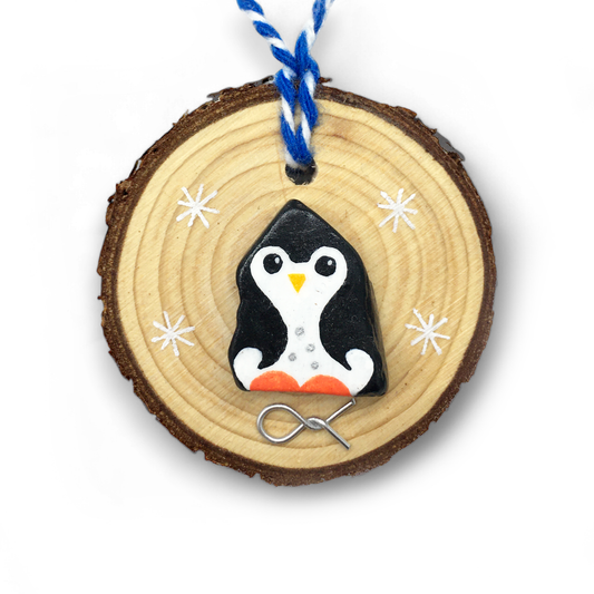 Penguin - Handmade Beach Pebble Wooden Christmas Tree Decoration