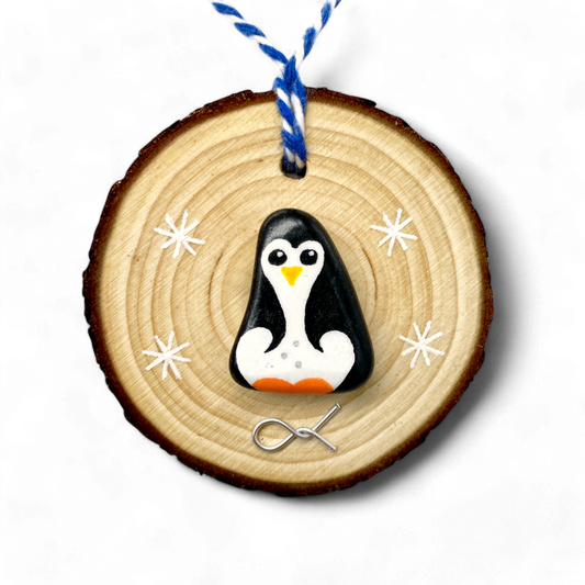 Penguin - Handmade Beach Pebble Wooden Christmas Tree Decoration