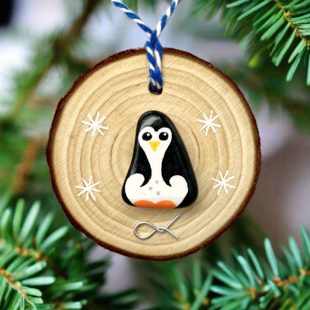 Penguin - Handmade Beach Pebble Wooden Christmas Tree Decoration