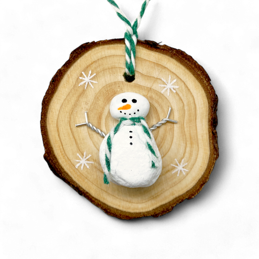 Snowman - Handmade Beach Pebble Wooden Christmas Tree Decoration