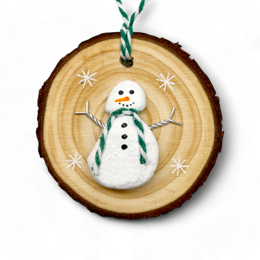 Snowman - Handmade Beach Pebble Wooden Christmas Tree Decoration