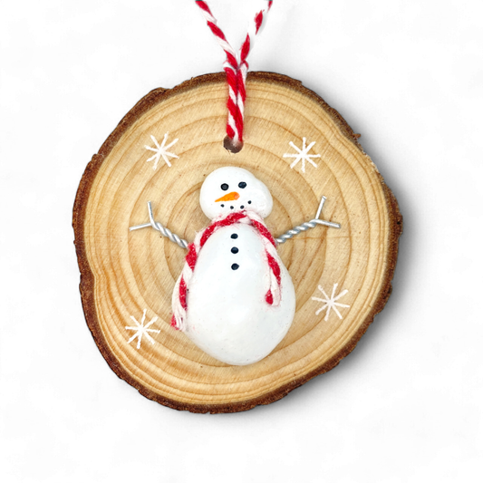 Snowman - Handmade Beach Pebble Wooden Christmas Tree Decoration