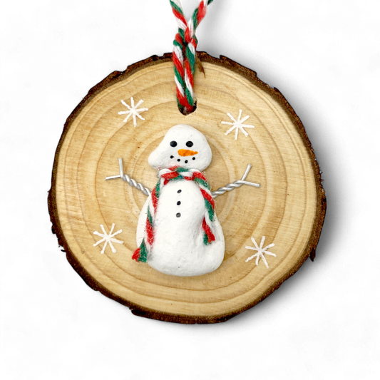 Snowman - Handmade Beach Pebble Wooden Christmas Tree Decoration