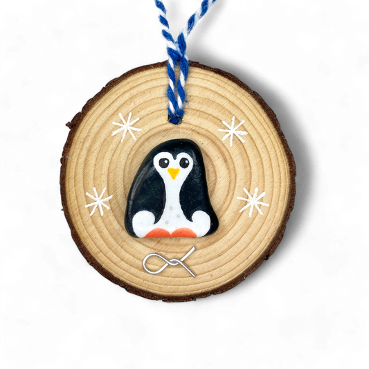 Penguin - Handmade Beach Pebble Wooden Christmas Tree Decoration