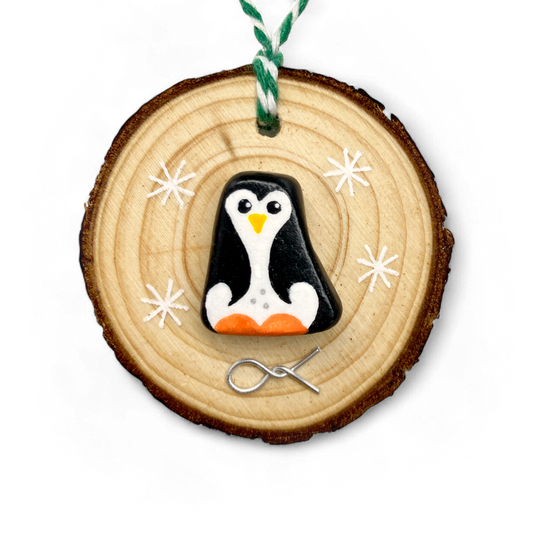 Penguin - Handmade Beach Pebble Wooden Christmas Tree Decoration