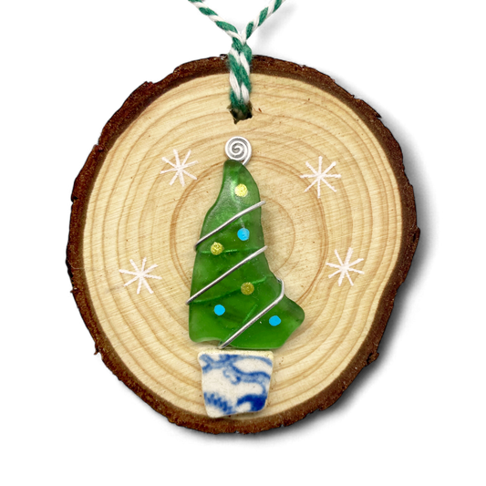 Christmas Tree - Handmade Green Sea Glass & Beach Pottery Wooden Decoration