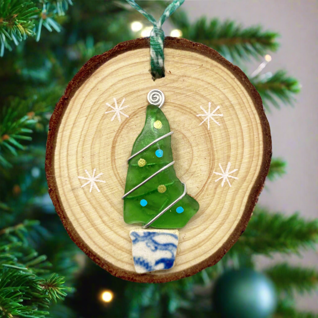 Christmas Tree - Handmade Green Sea Glass & Beach Pottery Wooden Decoration