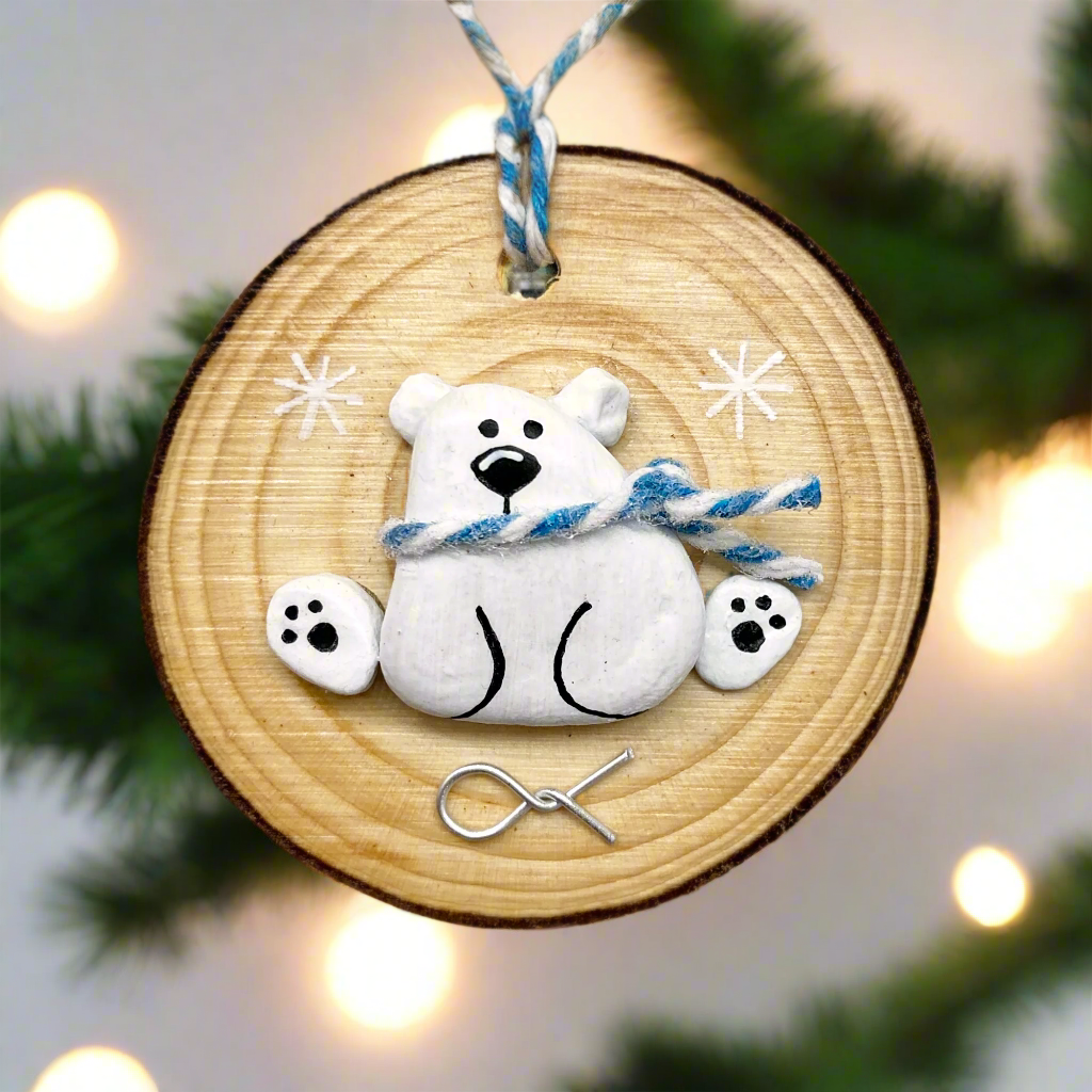 Polar Bear - Handmade Beach Pebble Wooden Christmas Tree Decoration