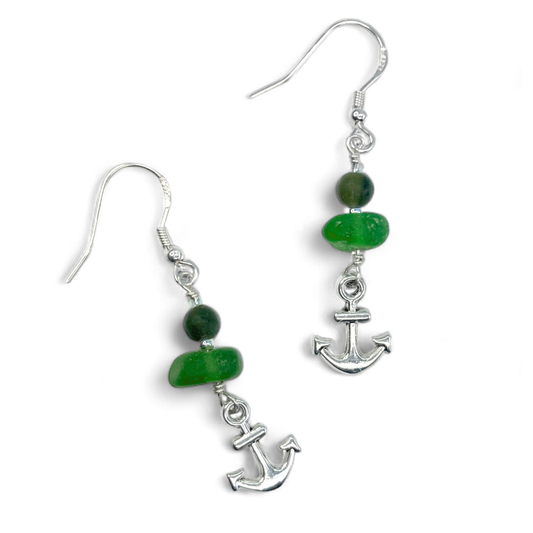 Anchor Earrings - Green Sea Glass and Jade Sterling Silver Jewellery