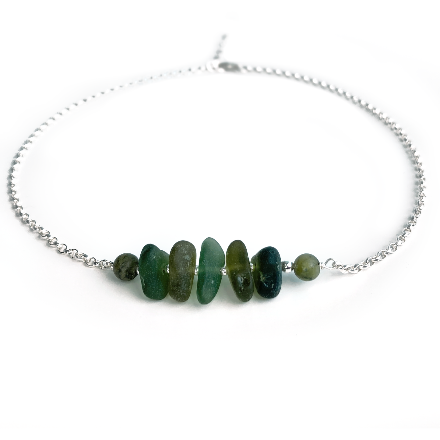 Olive Green Sea Glass Necklace with Jade Crystal Beads - Sterling Silver Scottish Jewellery