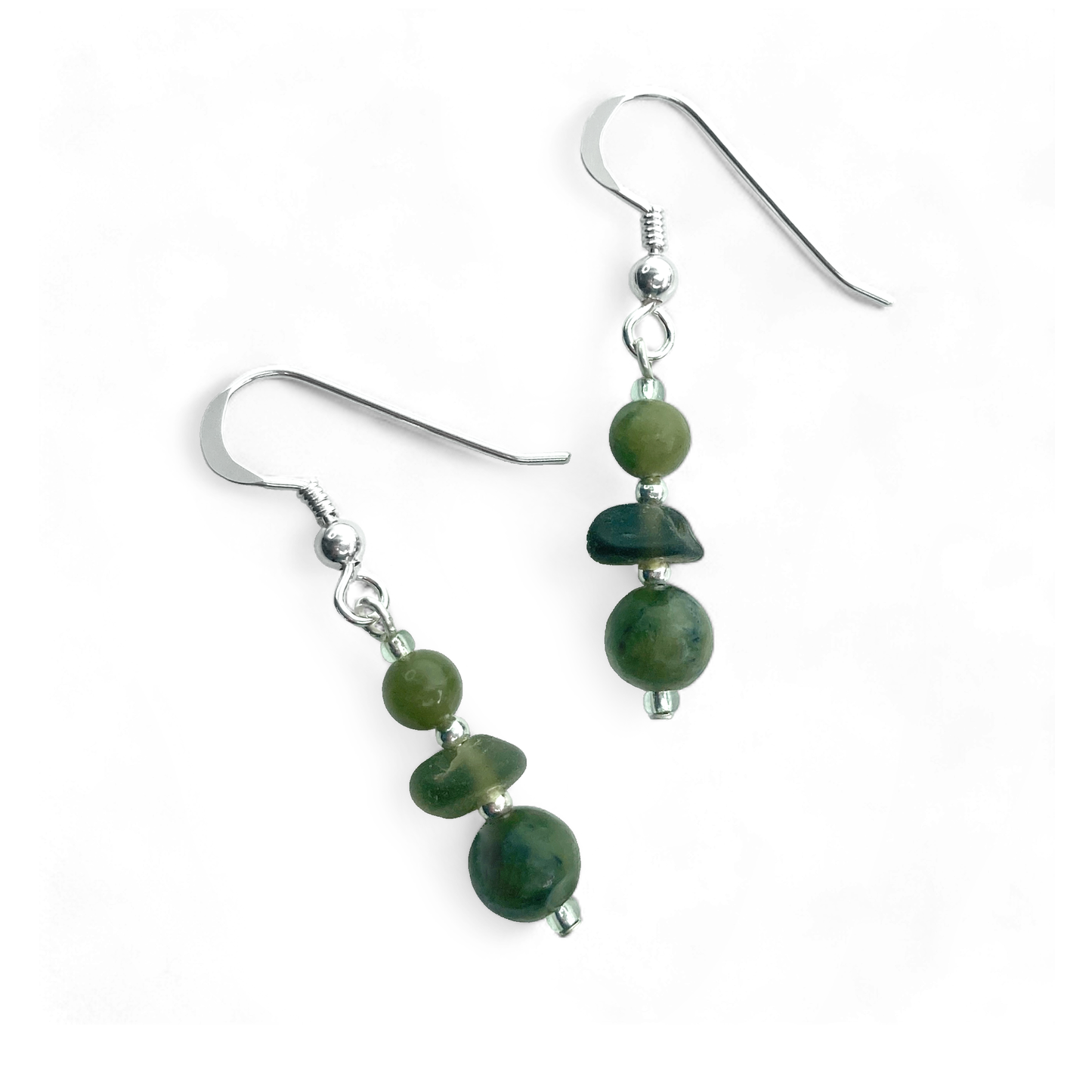 Green Sea Glass Earrings - Sterling Silver Beaded Earrings with Jade Crystal