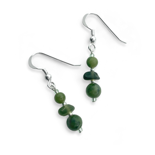 Green Sea Glass Earrings - Sterling Silver Beaded Earrings with Jade Crystal