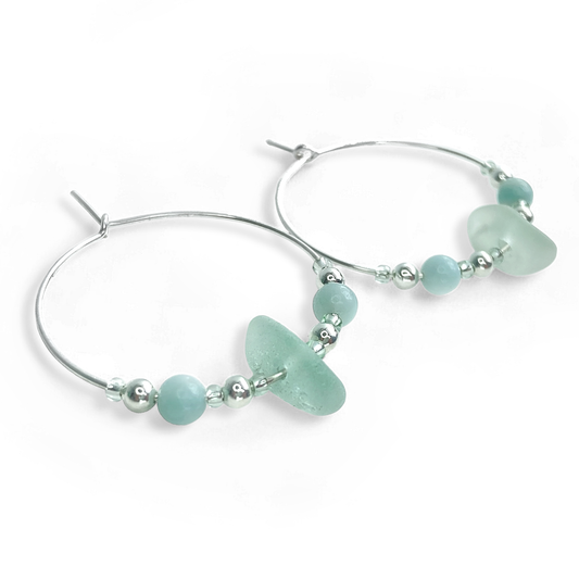 Large Sea Glass Hoop Earrings - Sterling Silver with Green Amazonite Crystal Beads