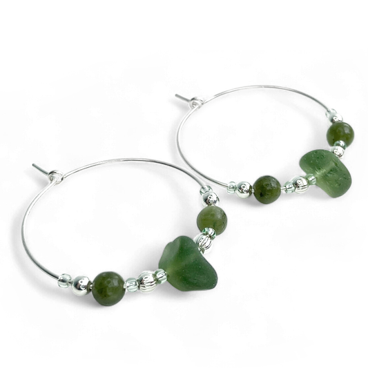 Large Sea Glass Hoop Earrings - Sterling Silver with Green Jade Crystal Beads