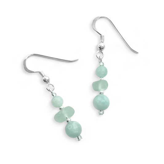 Green Sea Glass Earrings - Sterling Silver Beaded Earrings with Amazonite Crystal