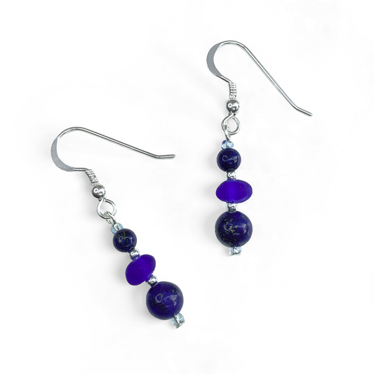 Blue Sea Glass Earrings - Sterling Silver Beaded Earrings with Lapis Lazuli Crystal