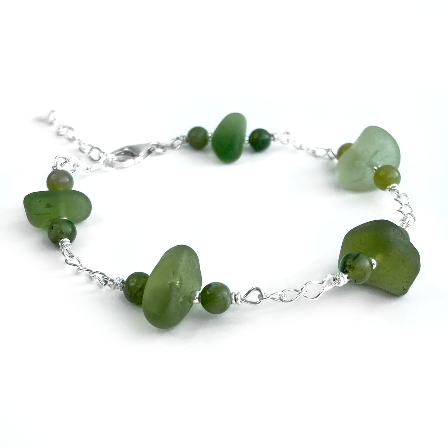 Green Sea Glass Bracelet with Jade Crystal Beads - Sterling Silver Scottish Jewellery