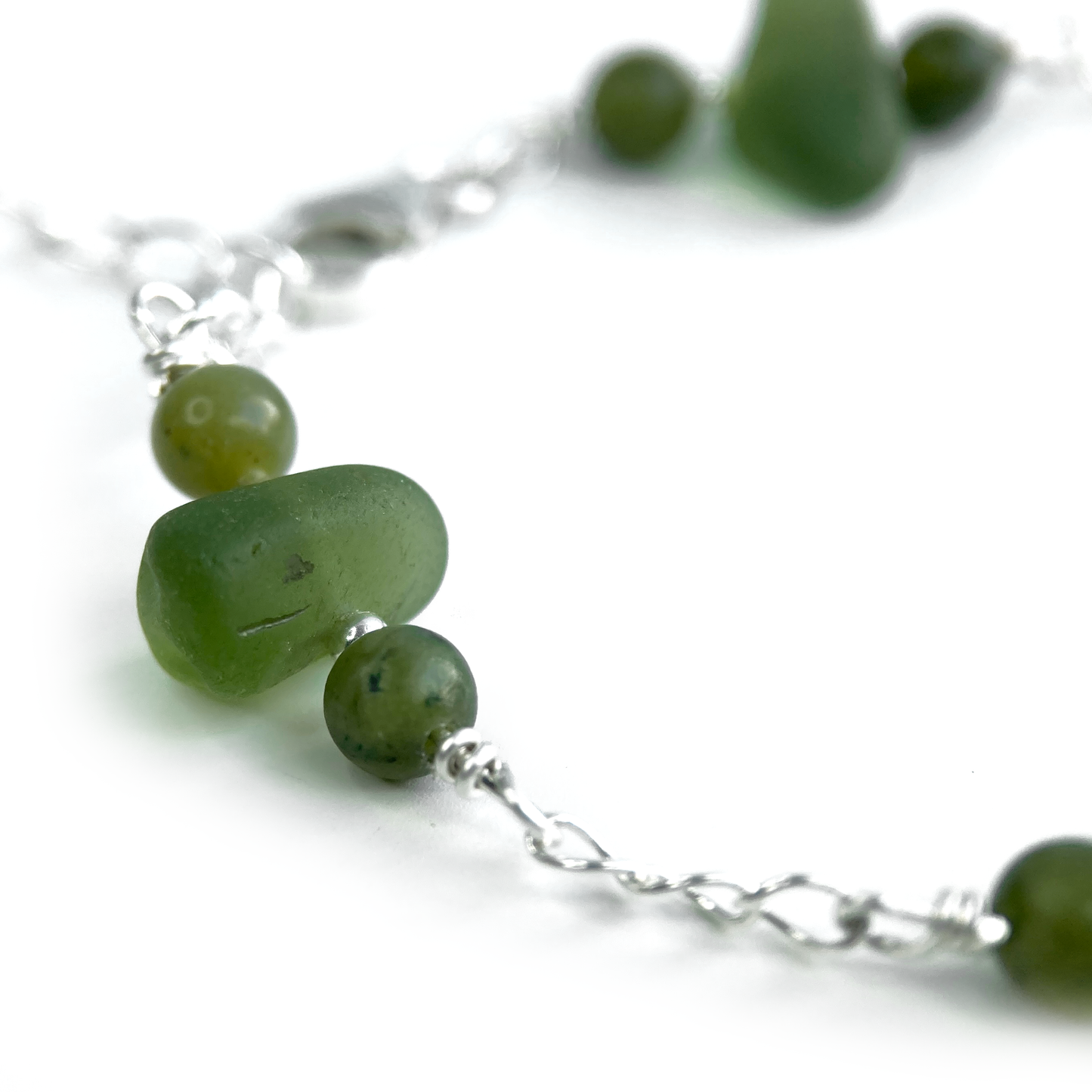 Green Sea Glass Bracelet with Jade Crystal Beads - Sterling Silver Scottish Jewellery
