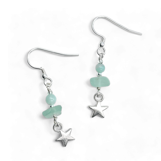 Star Earrings - Green Sea Glass and Amazonite Sterling Silver Jewellery