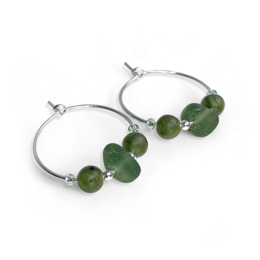 Small Sea Glass Hoop Earrings - Sterling Silver with Green Jade Crystal Beads