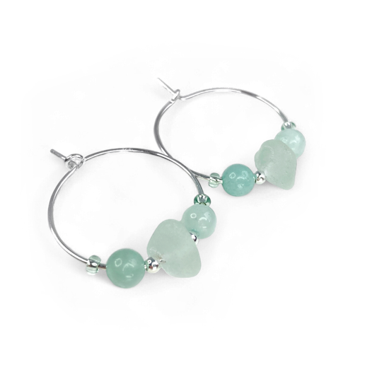 Small Sea Glass Hoop Earrings - Sterling Silver with Green Amazonite Crystal Beads