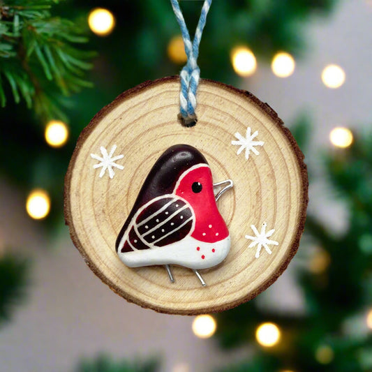 Robin - Handmade Beach Pebble Wooden Christmas Tree Decoration