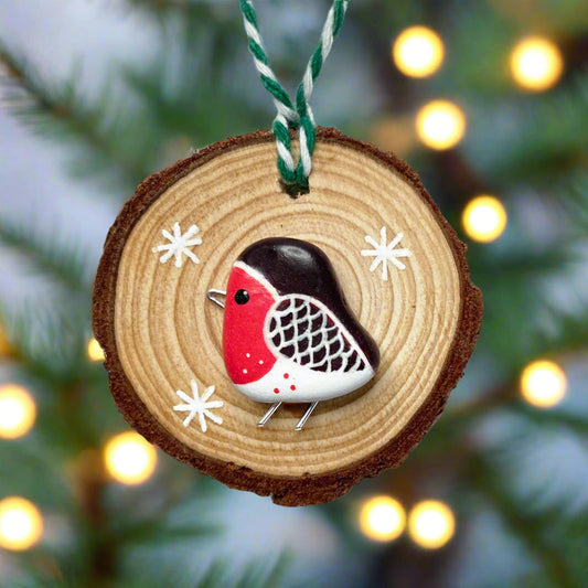 Robin - Handmade Beach Pebble Wooden Christmas Tree Decoration