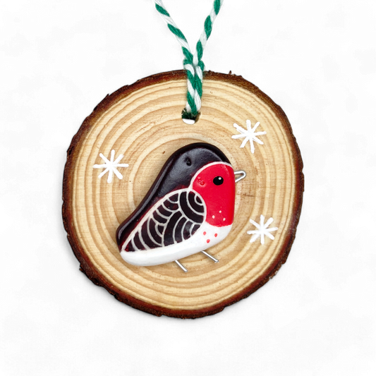 Robin - Handmade Beach Pebble Wooden Christmas Tree Decoration