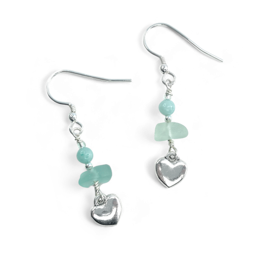 Heart Earrings - Green Sea Glass and Amazonite Sterling Silver Jewellery