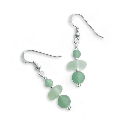 Green Sea Glass Earrings - Sterling Silver Beaded Earrings with Aventurine Crystal