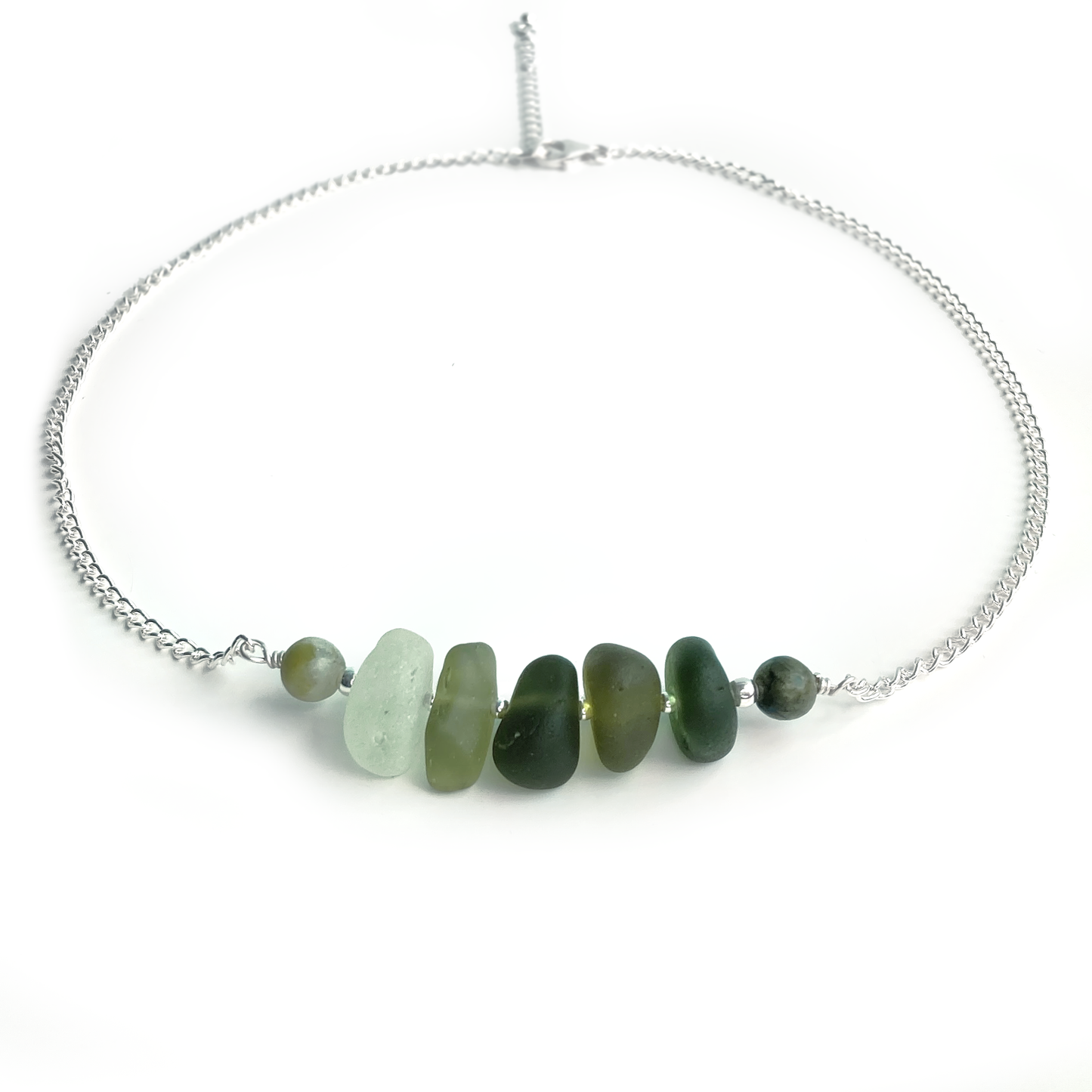 Olive Green Sea Glass Necklace with Jade Crystal Beads - Sterling Silver Scottish Jewellery