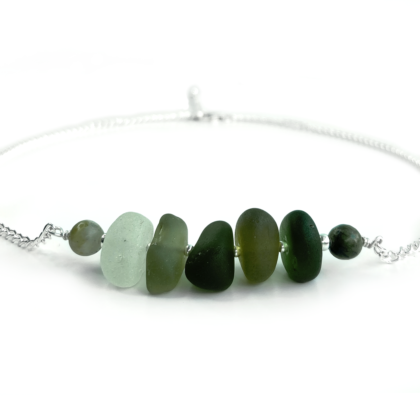 Olive Green Sea Glass Necklace with Jade Crystal Beads - Sterling Silver Scottish Jewellery