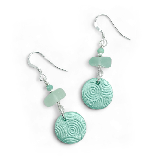 Wave Ripple Dangly Earrings - Green Sea Glass and Amazonite Sterling Silver Earrings