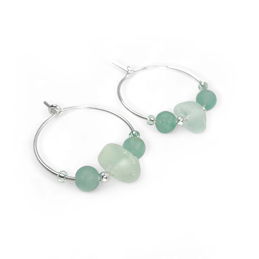 Small Sea Glass Hoop Earrings - Sterling Silver with Green Aventurine Crystal Beads