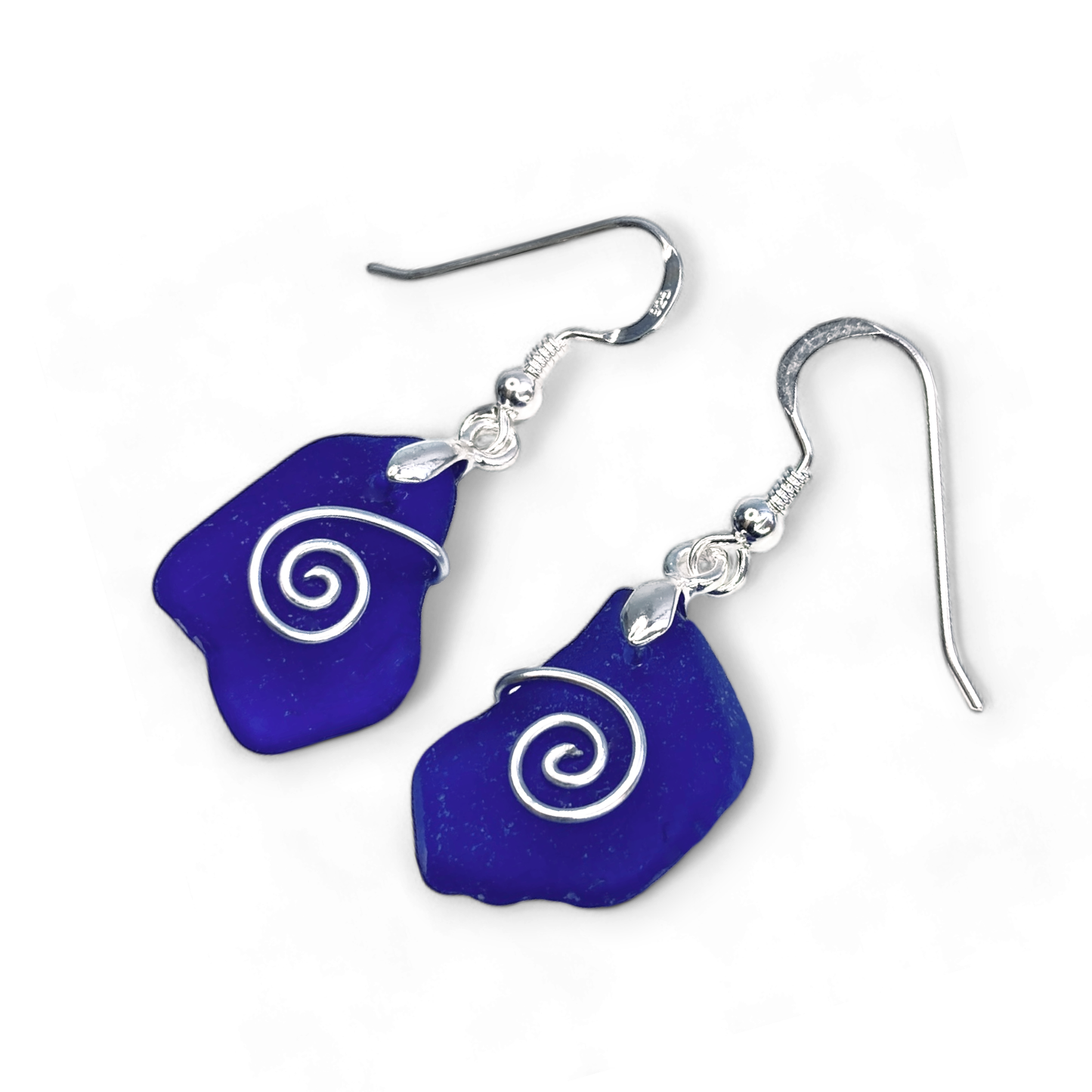 Sea Glass Earrings - Dark Blue Celtic Silver Wire Wrapped Jewellery