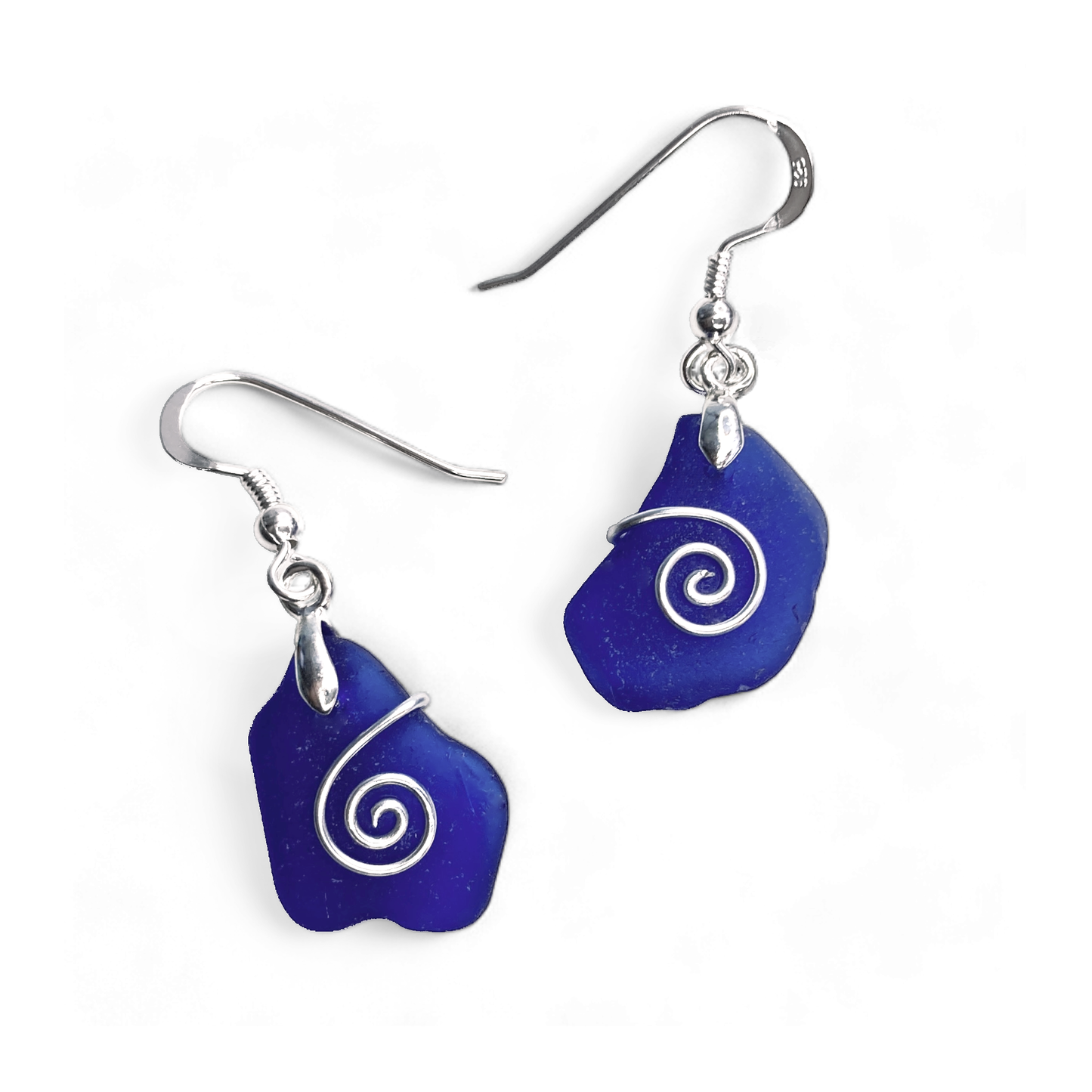 Sea Glass Earrings - Dark Blue Celtic Silver Wire Wrapped Jewellery