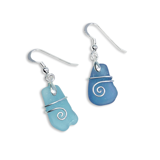 Sea Glass Earrings - Pale Blue Celtic Silver Wire Wrapped Jewellery