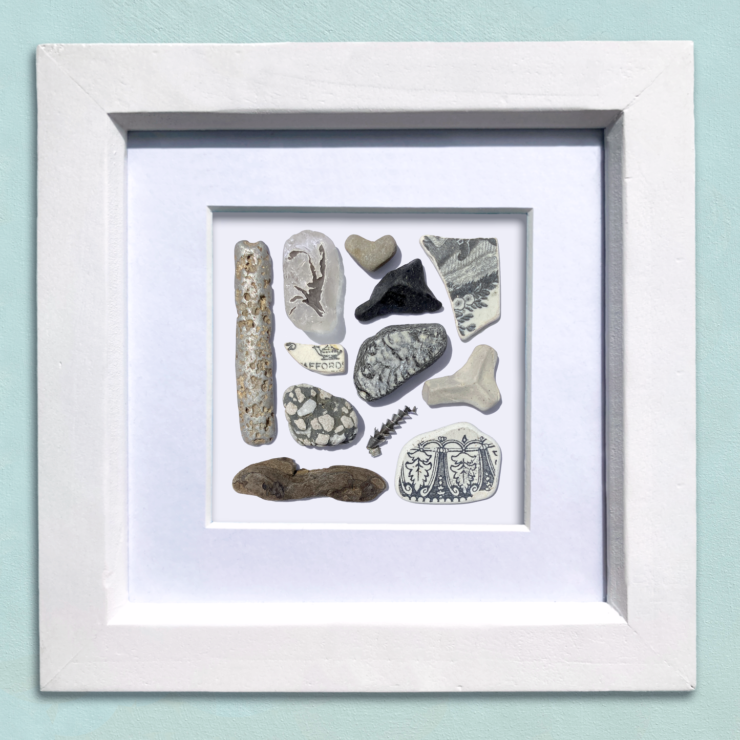 Framed Beach Wall Art - Beachcombing Curiosities Collage - Beautiful Blacks - Sea Glass, Victorian Pottery, Driftwood