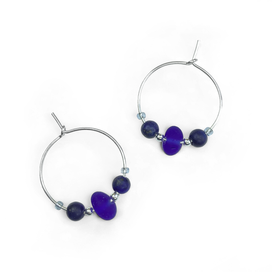 Small Sea Glass Hoop Earrings - Sterling Silver with Blue Lapis Lazuli Crystal Beads