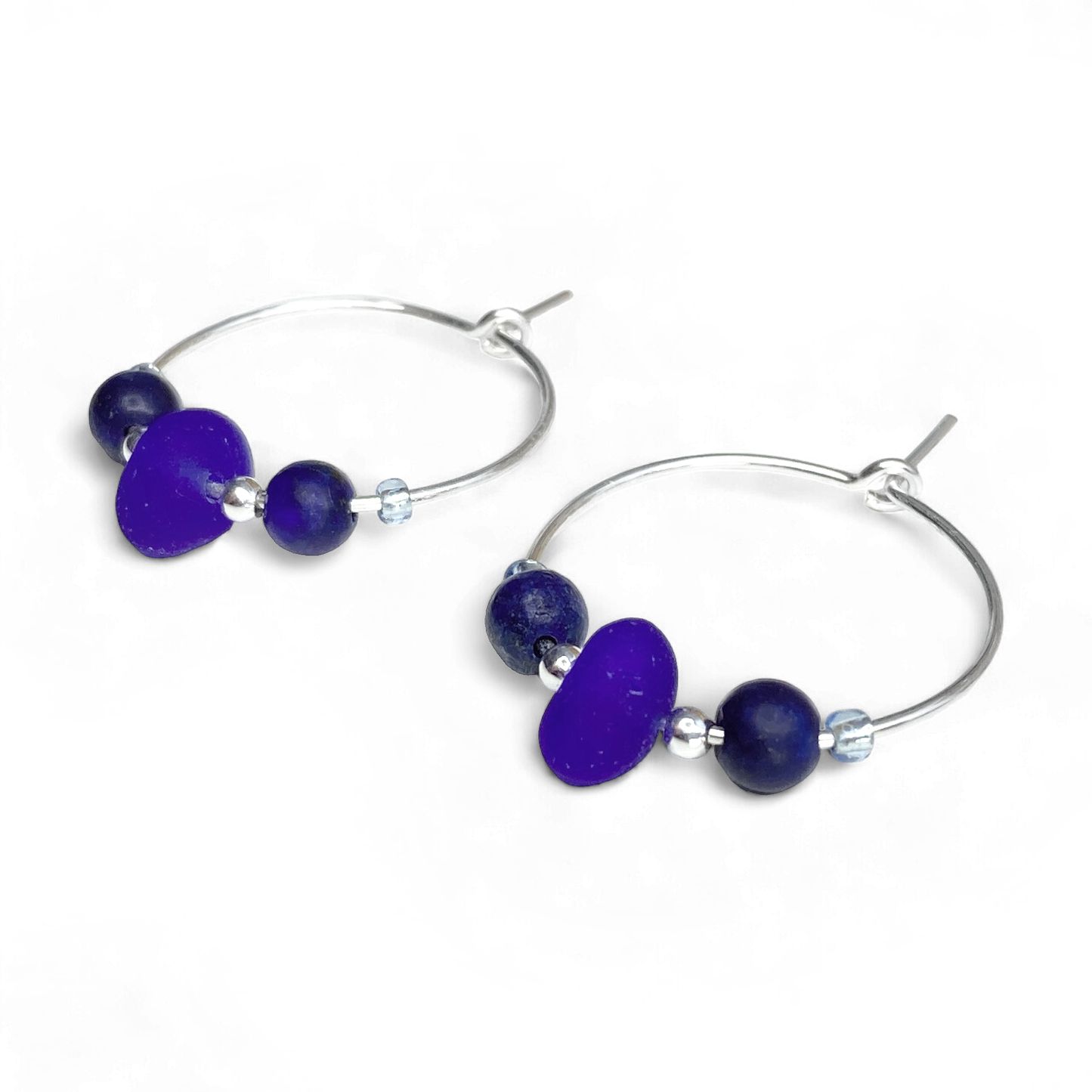 Small Sea Glass Hoop Earrings - Sterling Silver with Blue Lapis Lazuli Crystal Beads