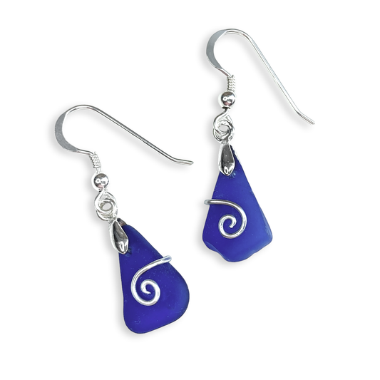 Sea Glass Earrings - Dark Blue Celtic Silver Wire Wrapped Jewellery