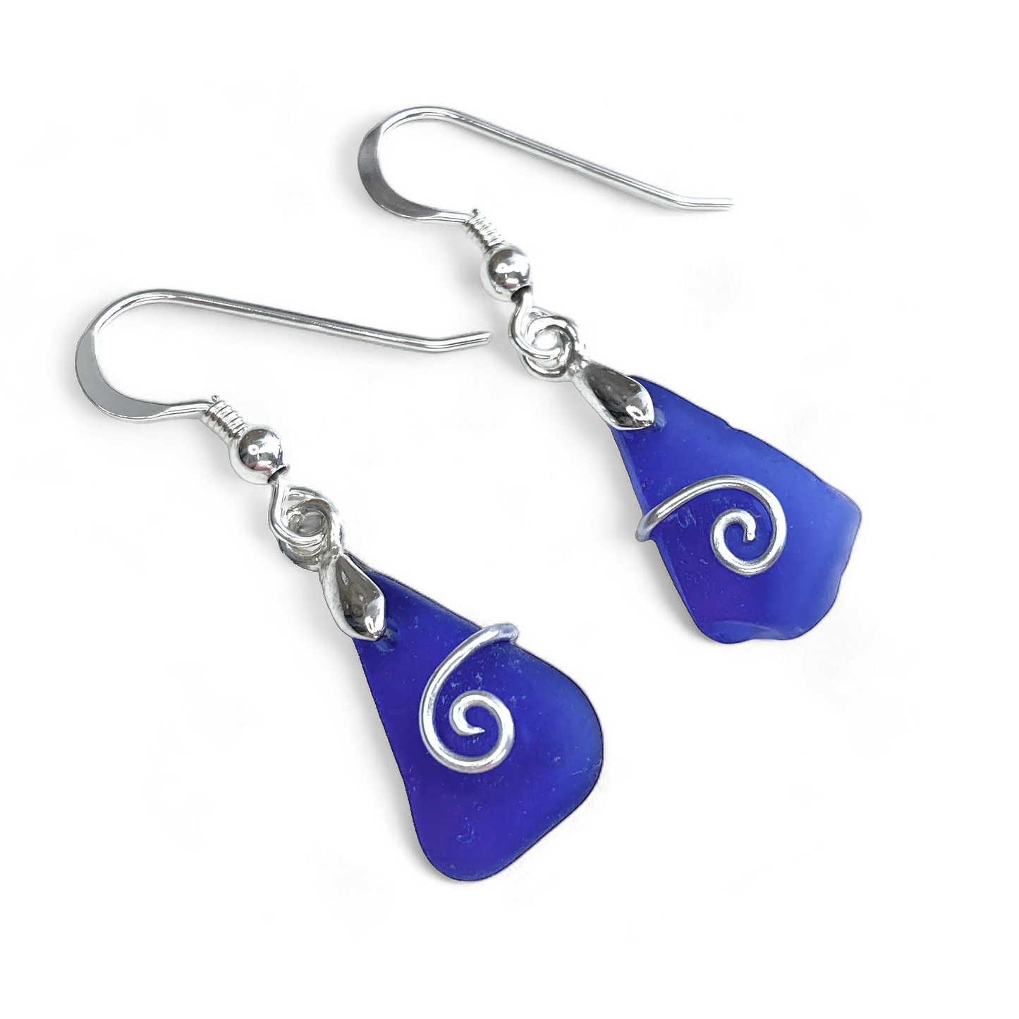 Sea Glass Earrings - Dark Blue Celtic Silver Wire Wrapped Jewellery