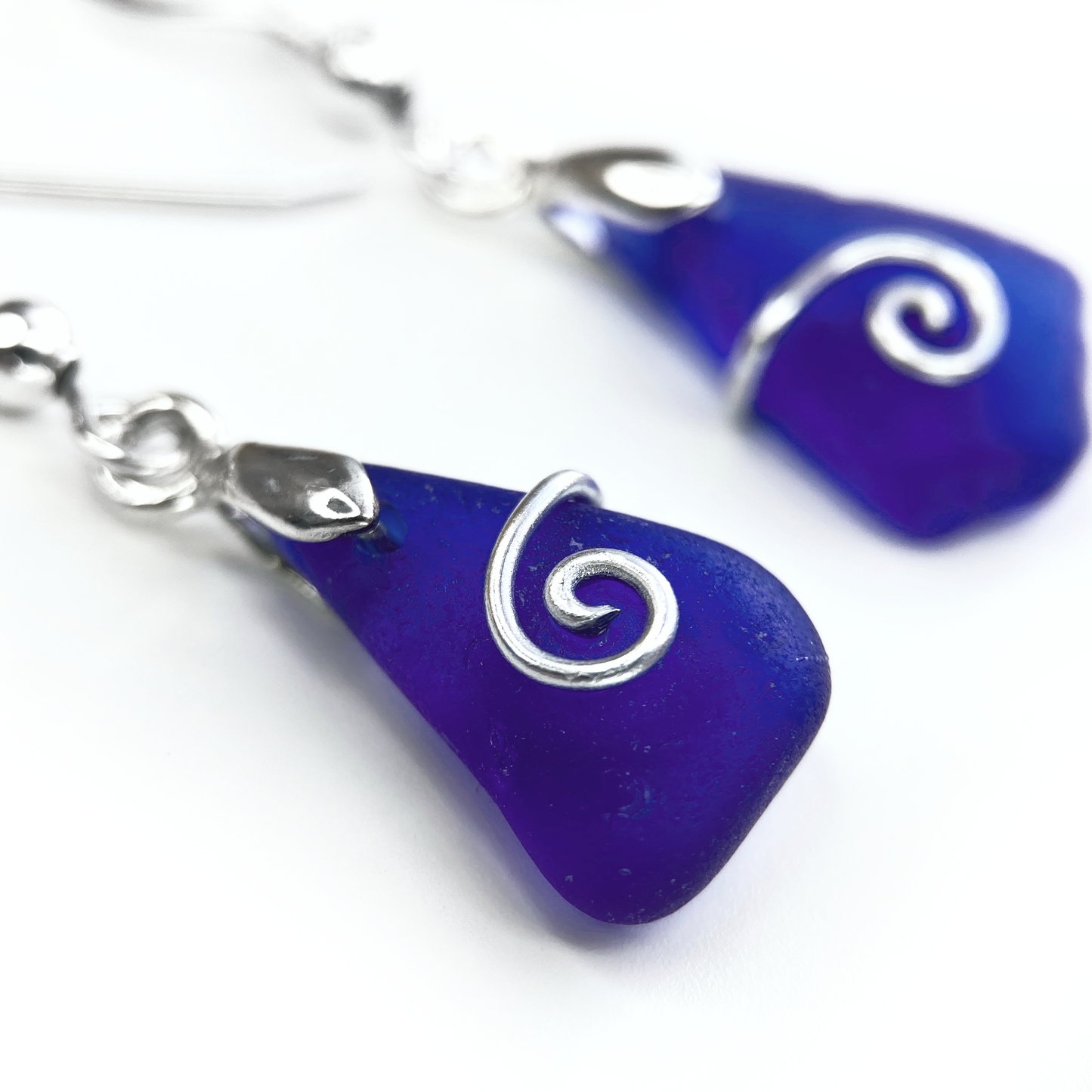 Sea Glass Earrings - Dark Blue Celtic Silver Wire Wrapped Jewellery