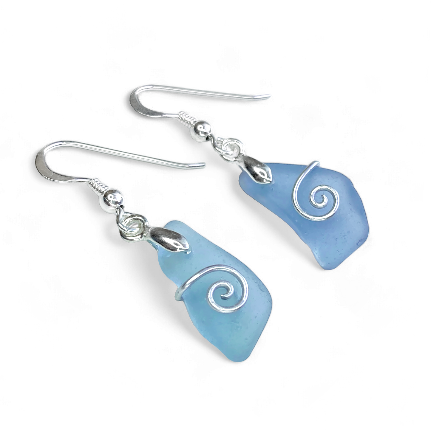 Sea Glass Earrings - Pale Blue Celtic Silver Wire Wrapped Jewellery