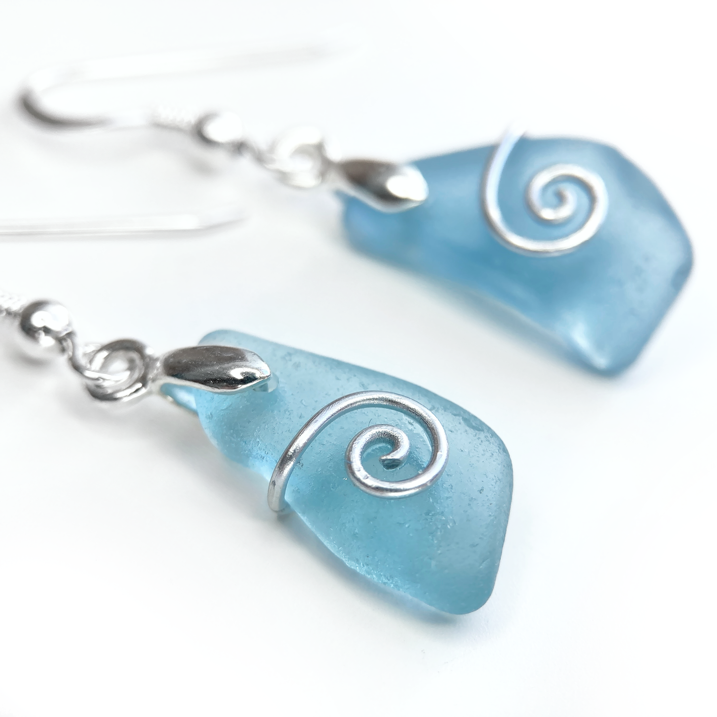 Sea Glass Earrings - Pale Blue Celtic Silver Wire Wrapped Jewellery