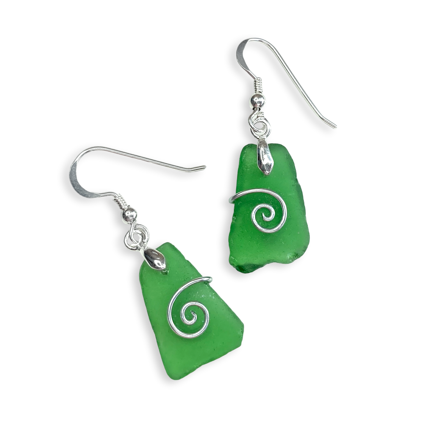 Sea Glass Earrings - Emerald Green Celtic Silver Wire Wrapped Jewellery