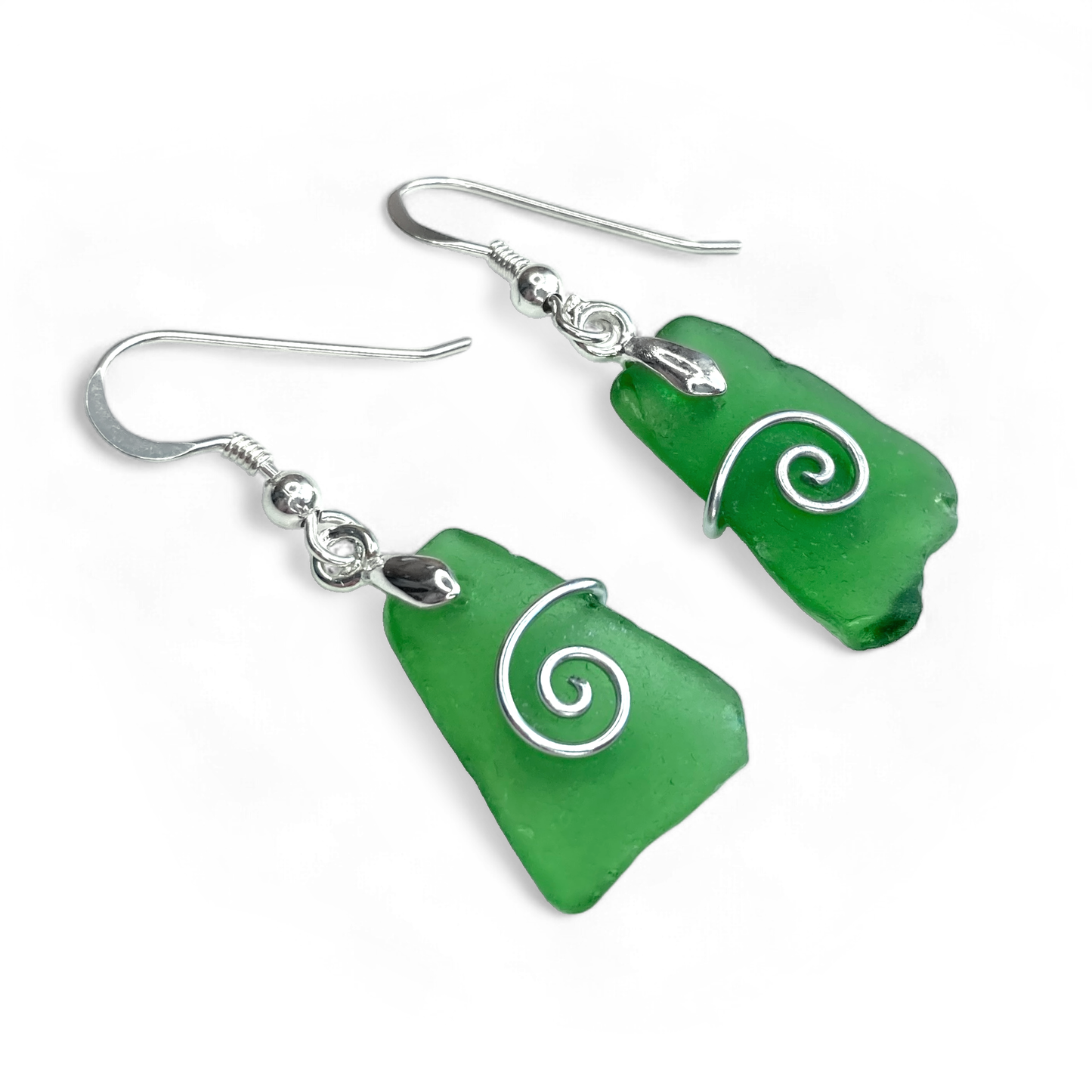 Sea Glass Earrings - Emerald Green Celtic Silver Wire Wrapped Jewellery