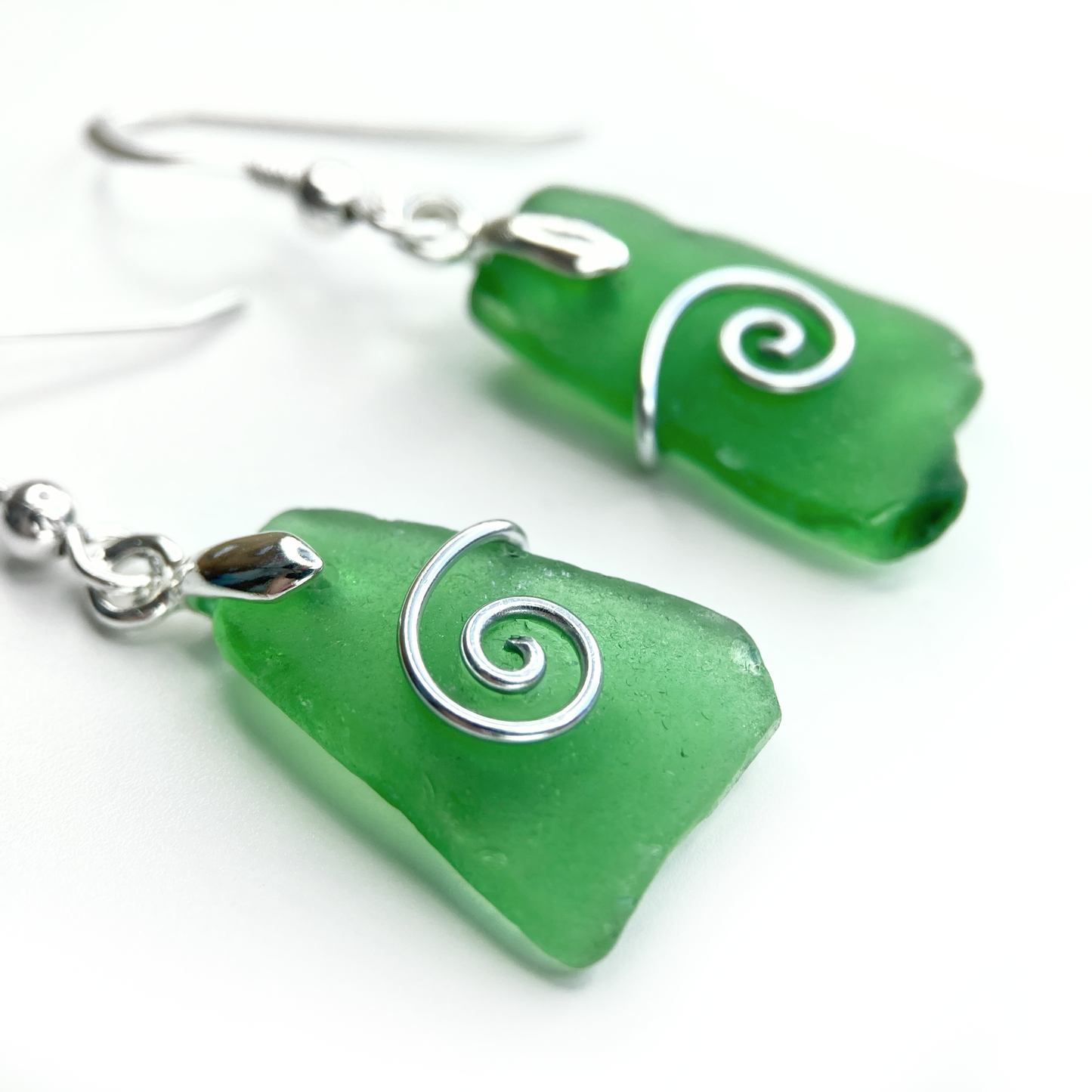 Sea Glass Earrings - Emerald Green Celtic Silver Wire Wrapped Jewellery