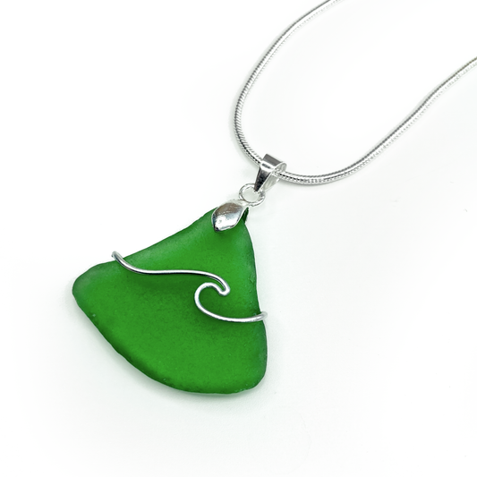 Sea Glass Pendant - Emerald Green Wave Wire Wrapped Necklace - Scottish Silver Jewellery