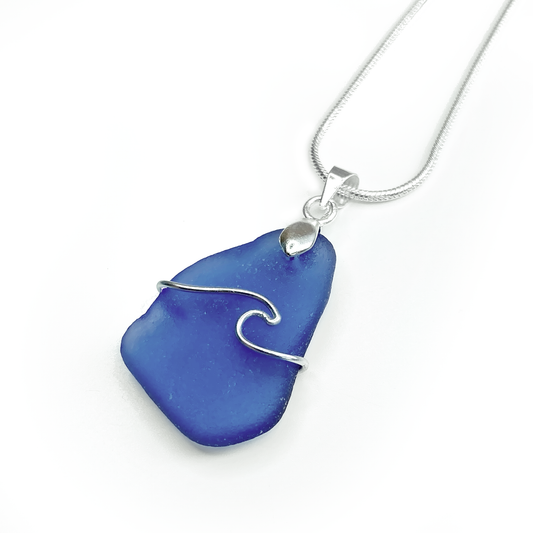 Sea Glass Pendant - Pale Blue Wave Wire Wrapped Necklace - Scottish Silver Jewellery